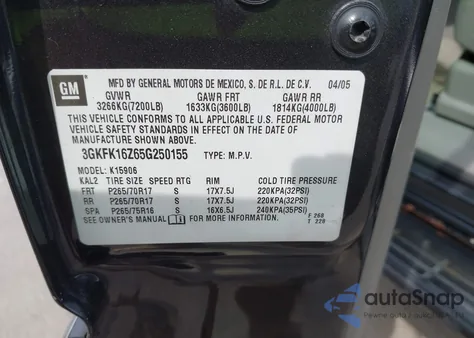 2005 GMC Yukon Xl 1500 Slt из США, поврежденный, VIN 3GKFK16Z65G250155